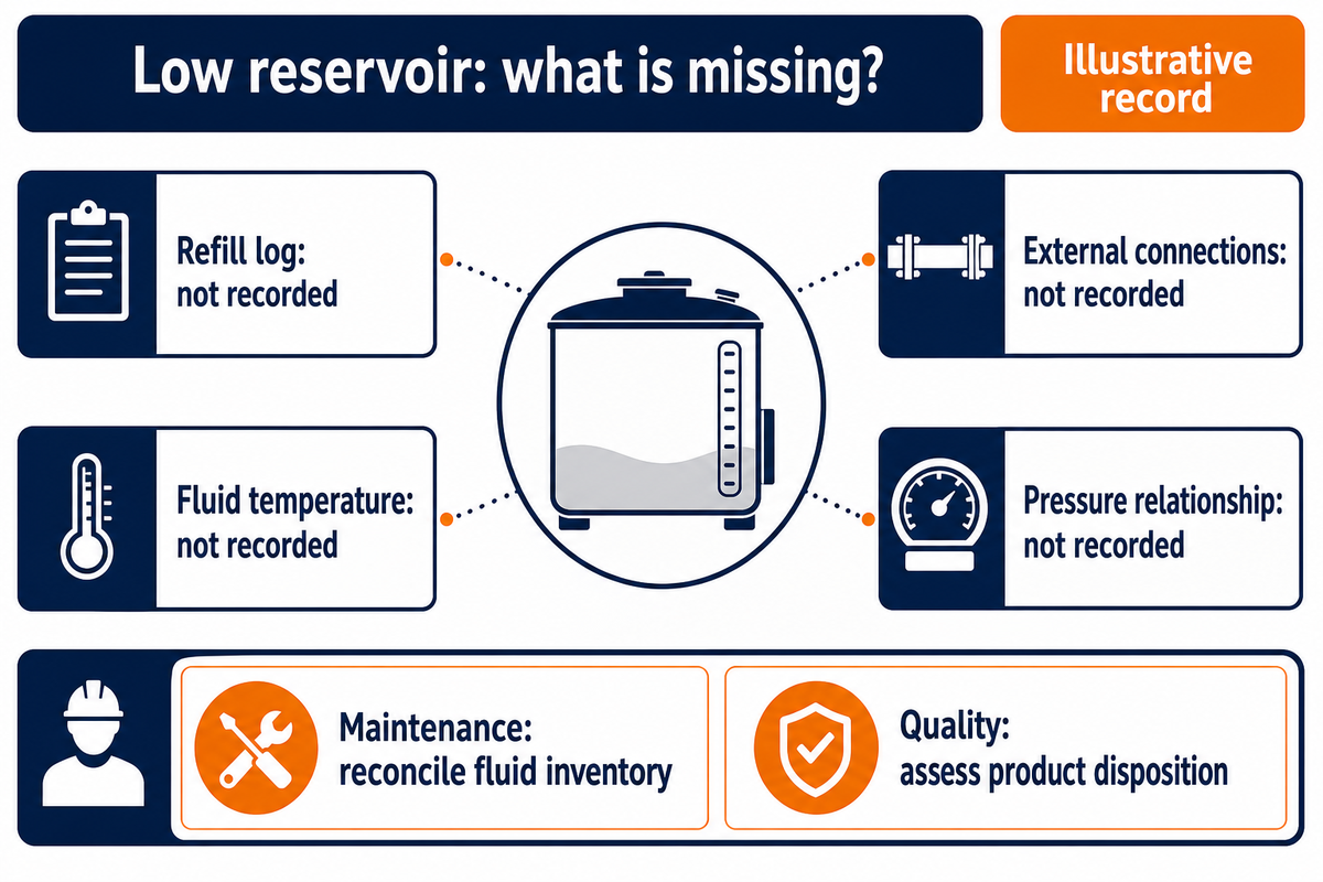 Illustrative low-reservoir record separates missing maintenance evidence from the quality decision.