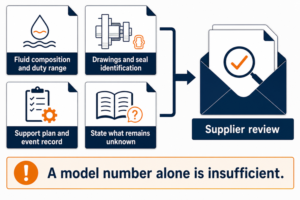 A complete pump-seal enquiry combines fluid, duty, drawings, support plan and event history.