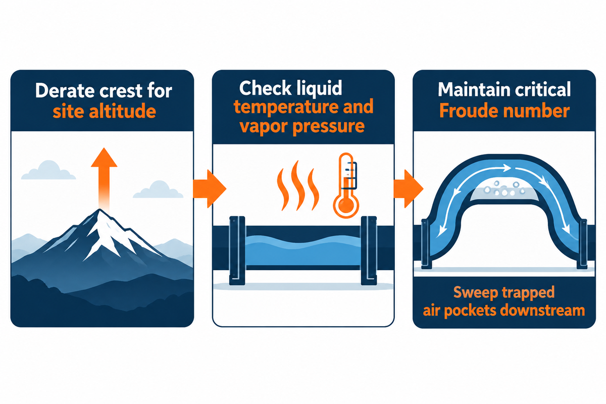 Three governing variables for siphon crest design: site altitude, fluid vapor pressure, and air-clearing pipe velocity.