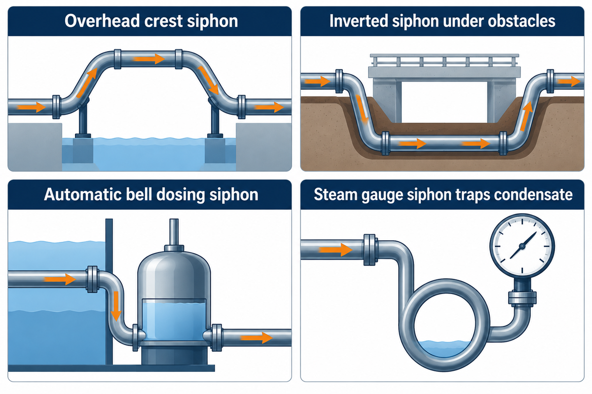Four industrial siphon configurations: overhead crest siphon, inverted siphon, bell dosing siphon, and steam gauge condensate siphon.