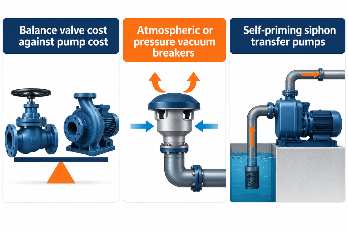 Procurement trade-offs between atmospheric or pressure vacuum breakers and self-priming siphon transfer pumps.