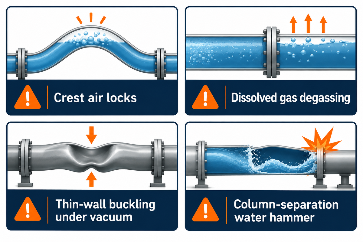 Four industrial siphon failure modes: crest air locks, dissolved gas degassing, thin-wall vacuum buckling, and water hammer.