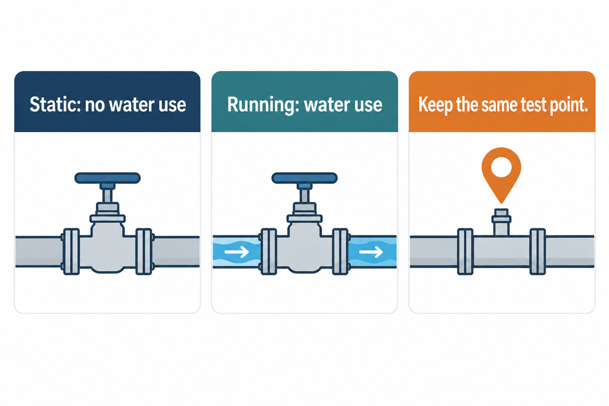 Static pressure is measured without demand; running pressure describes a named demand, per EPA and Portland.