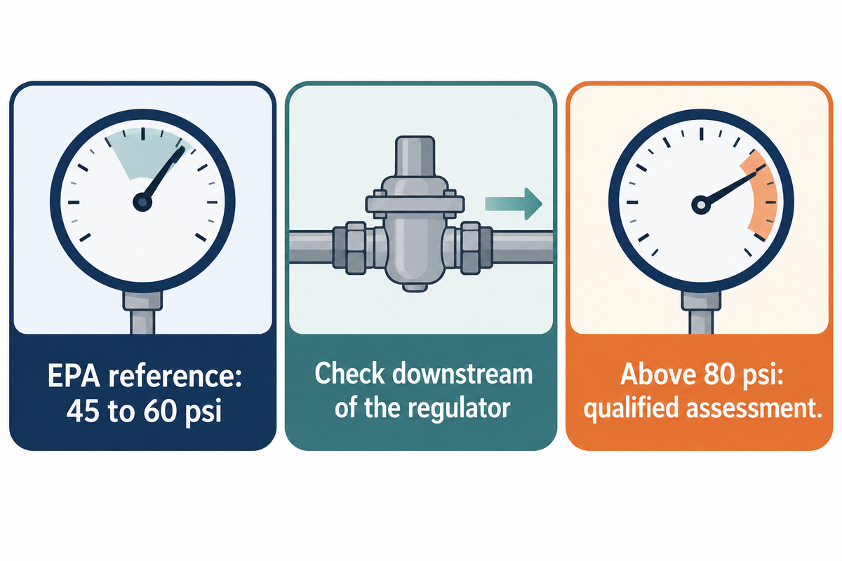EPA recommends 45-60 psi; identify the regulator side and obtain qualified assessment for downstream readings over 80 psi.