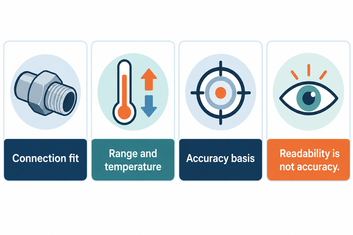 Connection, range and accuracy must match the job; a readable dial alone does not prove accuracy, per ASHRAE.