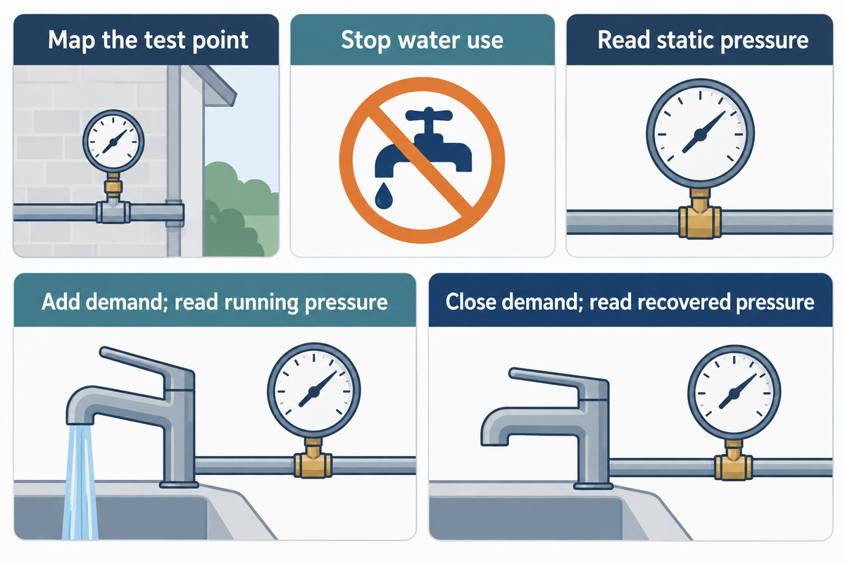 Five-step screening records static, running and recovered readings at the same point; it is not an acceptance test.