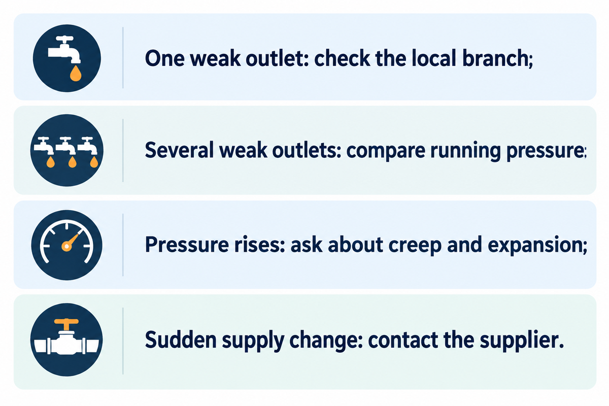 Symptoms guide the next check; static pressure alone cannot exclude restrictions, per Portland and Watts.