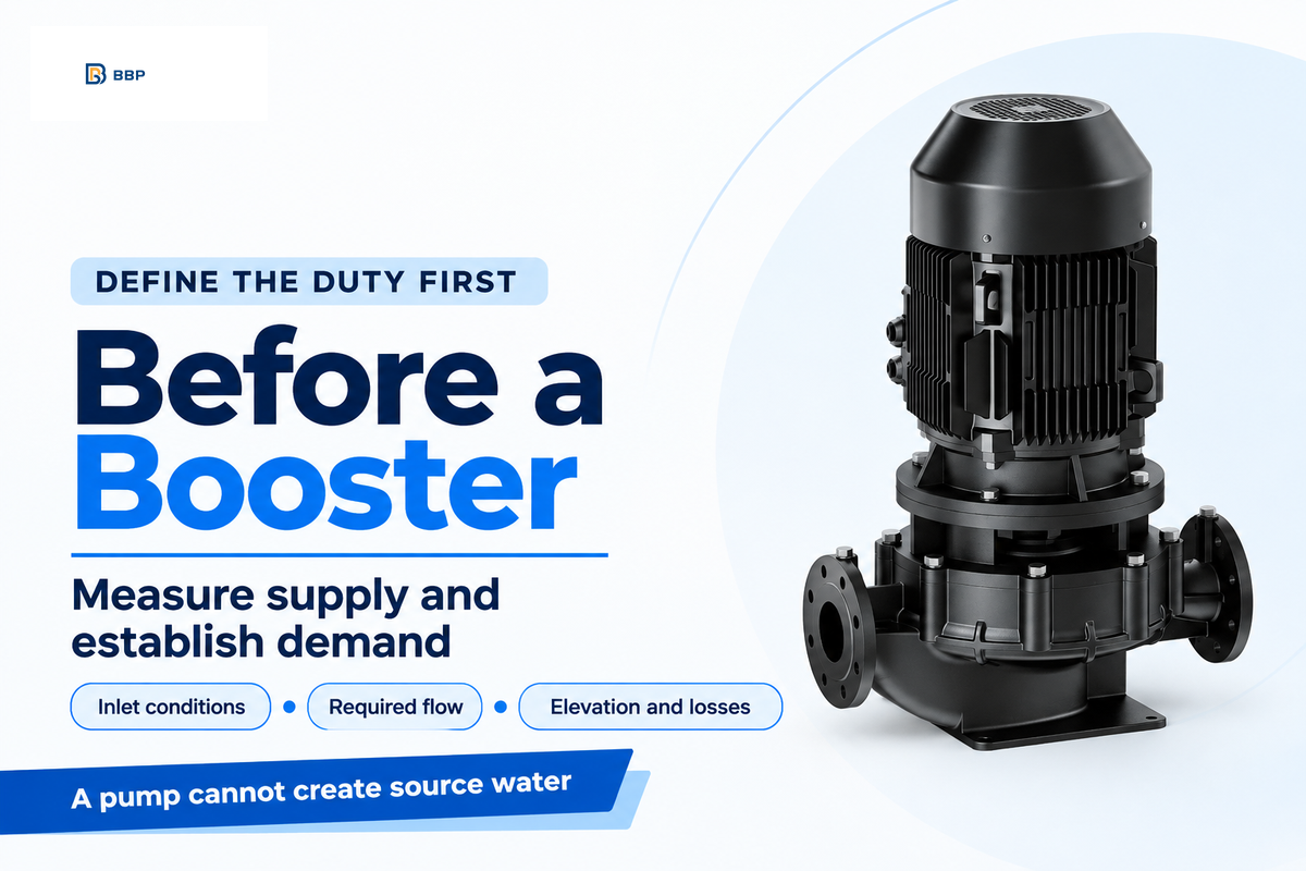 Booster selection requires inlet conditions, flow and losses; BBP selection guidance does not size a pump from static pressure.