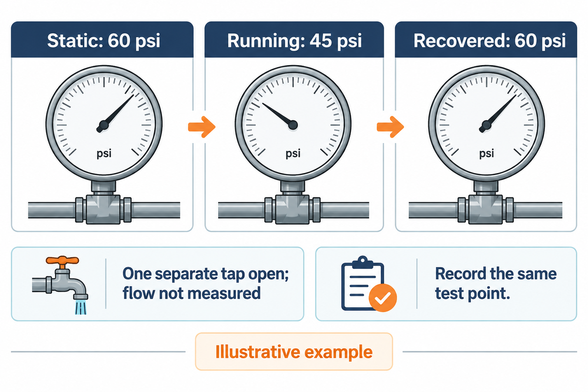 Illustrative 60/45/60 psi record keeps demand and location explicit; unmeasured flow cannot define a booster duty.