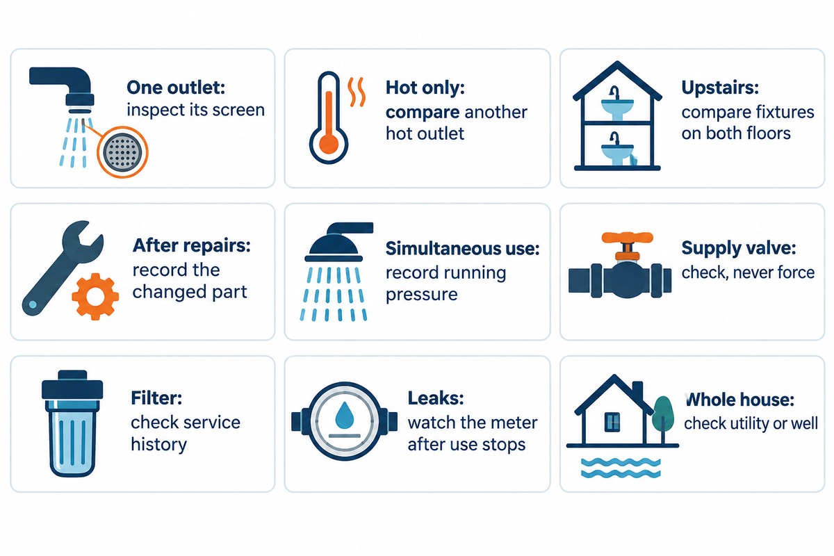 Nine observations separate fixture, shared plumbing and supply problems before replacing equipment.