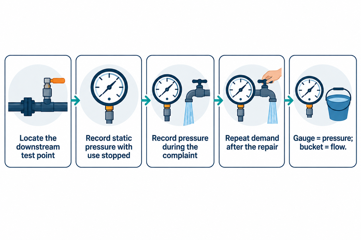 Use the same downstream test point for static and running pressure; a bucket measures flow, not pressure.