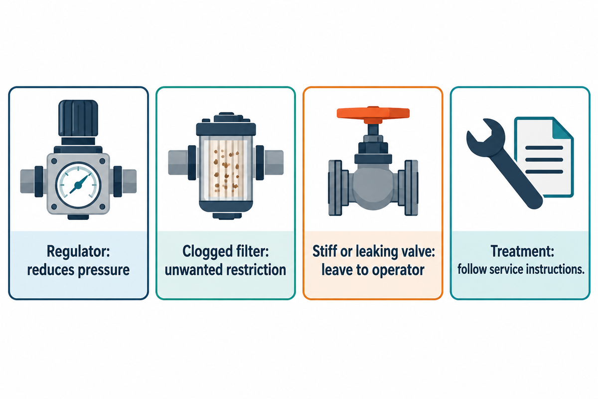 A regulator reduces pressure; a clogged filter restricts flow; stiff or leaking valves need the responsible operator.