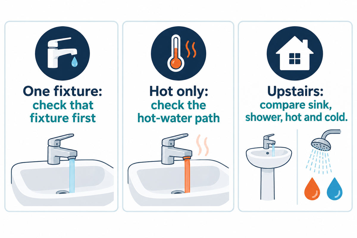 One weak fixture points to local checks; hot-only and upstairs patterns require different shared-path checks.