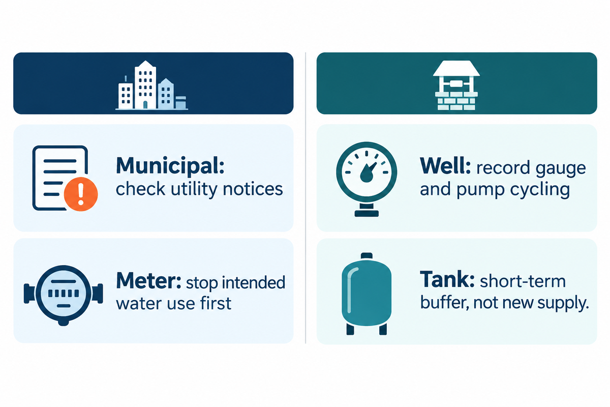 Municipal notices, meter behavior, pump cycling and well yield guide different investigations.