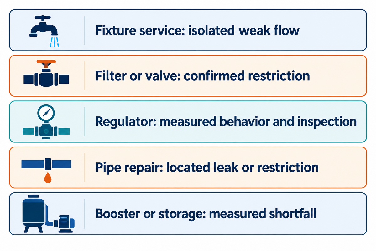 Match fixture, filter, regulator, pipe or booster work to measured evidence rather than a weak shower alone.