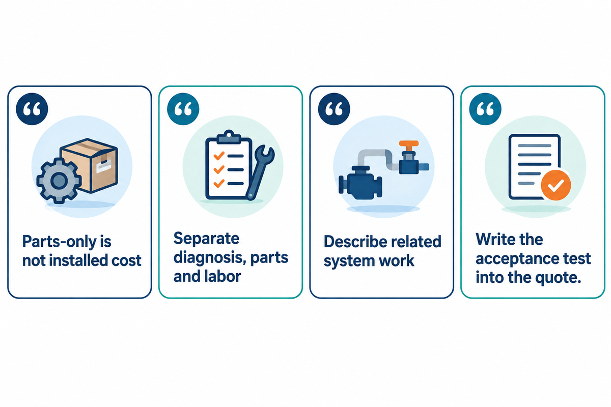 Parts-only listings exclude diagnosis and installation; ask for separated costs and a final demand test.