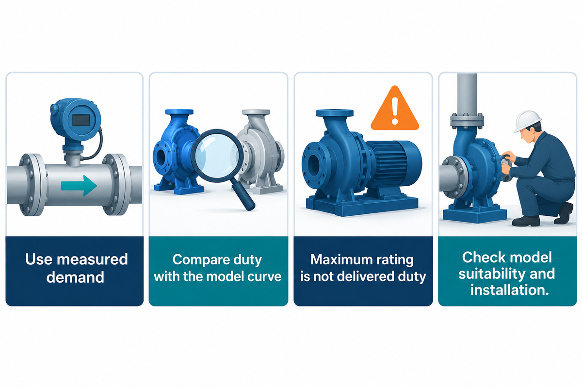 Select against required flow and pressure, verify the model and installation rules, and test actual demand.